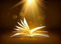 Mystery open book with shining pages in brown colors. Fantasy book with magic light sparkles and stars. Vector illustration Royalty Free Stock Photo