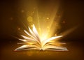 Mystery open book with shining pages. Fantasy book with magic light sparkles and stars. Vector illustration Royalty Free Stock Photo