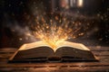 Mystery open book with shining pages. Fantasy book with magic sparkles and stars. Generative AI Royalty Free Stock Photo