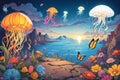 mystery scene with jellyfish, butterflies and flowers.