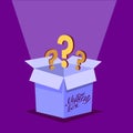 Mystery Secret boxes. Cardboard open box with Question mark. Holiday surprise box