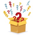 Mystery Secret boxes. Cardboard open box with Question mark. Holiday surprise box isolated on white.