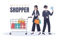 Mystery Shopper with Bags in Sunglasses, Magnifier, Spy Coats and Hats in Flat Cartoon Style Illustration Royalty Free Stock Photo