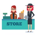 Mystery shopper woman in spy coat checks grocery store