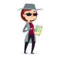 Mystery shopper woman in spy coat with pen and checklist Royalty Free Stock Photo