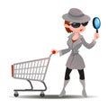 Mystery shopper woman in spy coat with shopping cart Royalty Free Stock Photo