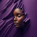 Mystery: woman with a contemplative expression and partially hidden face against a deep purple wall, suggesting a sense