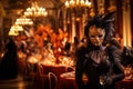 Mystery woman wearing masquerade costume and mask in grand ballroom. Generative AI