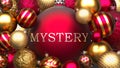 Mystery and Xmas, pictured as red and golden, luxury Christmas ornament balls with word Mystery to show the relation and