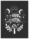 Mystic Aesthetic Cat Witch Mage Composition Print. Hand Draw Black Color.Esoteric Sign Alchemy.