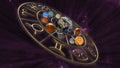 Mystic astrology zodiac horoscope symbol with twelve planets in cosmic scene. 3D rendering