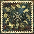 Mystic background with chart of zodiac animals in frame with compass