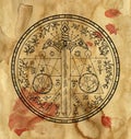 Mystic background with fantasy sword in magic seal, pentacle on old paper texture manuscript