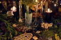 Alchemy still life with glass bottles and flask, runes, healing herbs and ritual objects Royalty Free Stock Photo