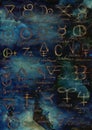 Mystic background with shining alchemic signs and symbols