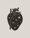 Mystic Black Heart in a Trendy Boho Style. Vector Silhouette Anatomical Heart with Stars