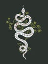 Mystic black print with snake and strawberry plant, vector illustration.