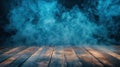 Mystic blue smoke wood table background Royalty Free Stock Photo