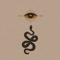 Mystic boho snake design. Abstract esoteric serpent symbol with moon eye, occult tattoo egypt style. Vector illustration