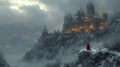 Mystic Castle in Snowy Mountains with Cloaked Figure