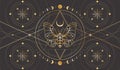 Mystic celestial background with a golden outline insect, stars with radial circles, moon phases and crescents