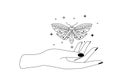 Mystic celestial butterfly with constellation stars over woman hand outline silhouette. Vector illustration of Witch
