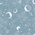 Mystic celestial seamless pattern in blue color - magic flowers, moon and stars in monochrome, esoteric vector repeating