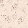 Mystic celestial seamless pattern in light beige color - magic flowers, moon and stars in monochrome, esoteric vector