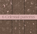 Mystic celestial seamless pattern set - magic flowers, moon and stars in monochrome, esoteric vector reapiting motives