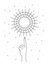 Mystic celestial summer solstice sun rays sign levitate over woman hand. Spirituality equinox holiday linear symbol