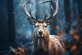 Mystic Christmas reindeer in wonderful winter forest. Stag among snowy trees on magical Christmas night