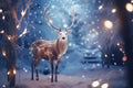 Mystic Christmas reindeer in wonderful winter forest. Stag among snowy trees on magical Christmas night