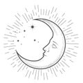 Mystic crescent, new moon with face, astrological symbol of spiritual and esoteric