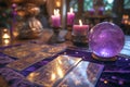 Mystic crystal ball, tarot cards and burning candles on purple background. Magic ritual or spell with esoteric symbols Royalty Free Stock Photo