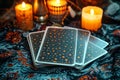 Mystic divination Tarot reading setup with cards and candlelight ambiance