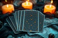 Mystic divination Tarot reading setup with cards and candlelight ambiance