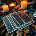 Mystic divination Tarot reading setup with cards and candlelight ambiance