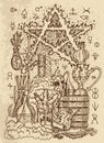 Mystic drawing with alchemical symbols, skull, fire pentagram and laboratory equipment on texture background
