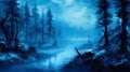 Mystic enchanted river and blue mist in fairytale dark forest at dusk Royalty Free Stock Photo