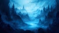 Mystic enchanted river and blue mist in fairytale dark forest in twilight Royalty Free Stock Photo