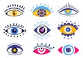 Mystic evil eyes. Cartoon occult esoteric symbols. Magical hamsa element for providence, talisman for protection