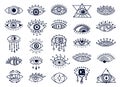 Mystic evil eyes doodles, spiritual turkish eye symbol. Hand drawn esoteric magic eye, ornamental amulet, good luck