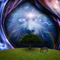 Mystic face, green tree and warped space Royalty Free Stock Photo