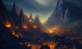 Mystic, fairy mountains evening landscape with town lights in the valley Royalty Free Stock Photo