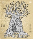 Mystic fantasy tree line art vector illustration with door, occult and esoteric symbols Royalty Free Stock Photo