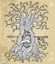 Mystic fantasy tree line art vector illustration with occult and esoteric symbols Royalty Free Stock Photo