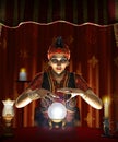 Mystic female Gypsy fortune teller with a lighted crystal ball Royalty Free Stock Photo