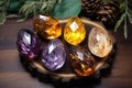 Mystic five small crystals lie on a stone background in the wood, in the style of dark purple and light amber. Royalty Free Stock Photo