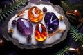 Mystic five small crystals lie on a stone background in the wood, in the style of dark purple and light amber. Royalty Free Stock Photo