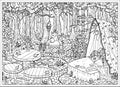 Mystic forest landscape with table, bed and throne on the glade, fantasy Halloween concept, witch place